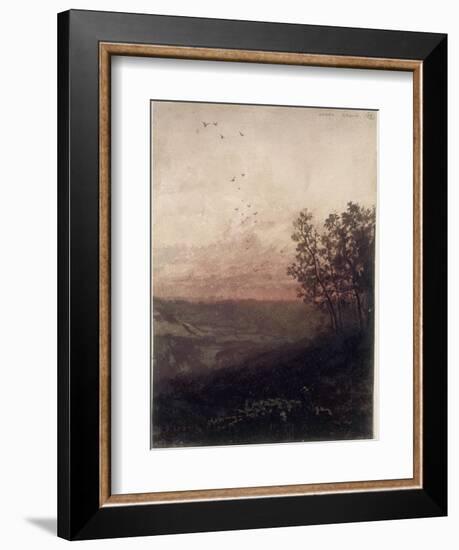 Paysage au soleil couchant, au premier plan, un berger et son troupeau-Odilon Redon-Framed Giclee Print