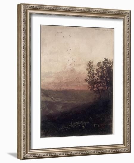 Paysage au soleil couchant, au premier plan, un berger et son troupeau-Odilon Redon-Framed Giclee Print