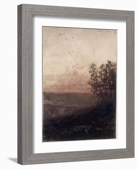 Paysage au soleil couchant, au premier plan, un berger et son troupeau-Odilon Redon-Framed Giclee Print