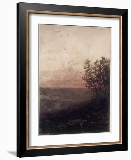 Paysage au soleil couchant, au premier plan, un berger et son troupeau-Odilon Redon-Framed Giclee Print