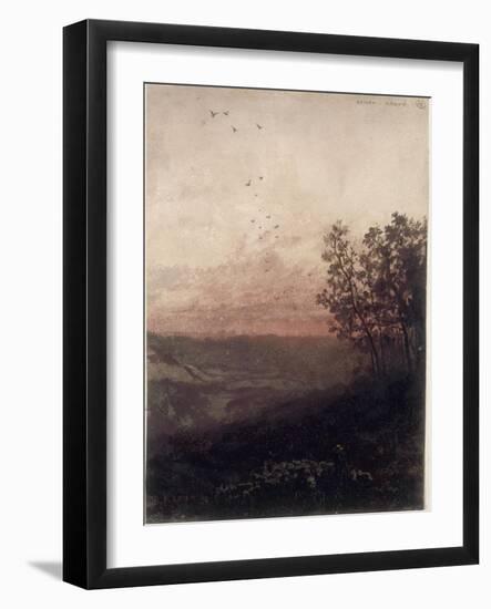 Paysage au soleil couchant, au premier plan, un berger et son troupeau-Odilon Redon-Framed Giclee Print