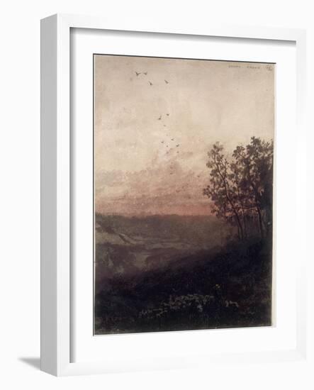 Paysage au soleil couchant, au premier plan, un berger et son troupeau-Odilon Redon-Framed Giclee Print