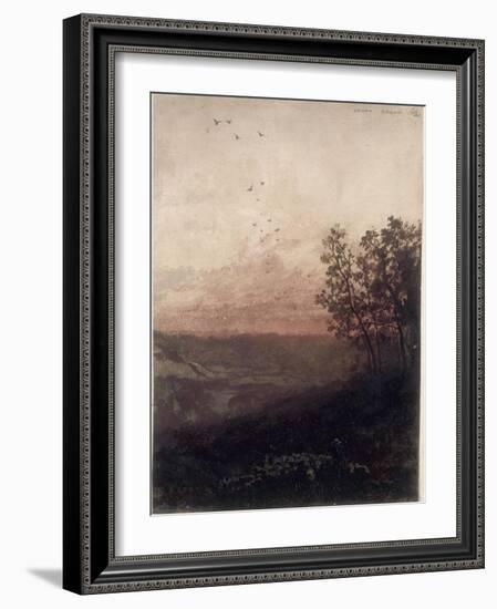 Paysage au soleil couchant, au premier plan, un berger et son troupeau-Odilon Redon-Framed Giclee Print