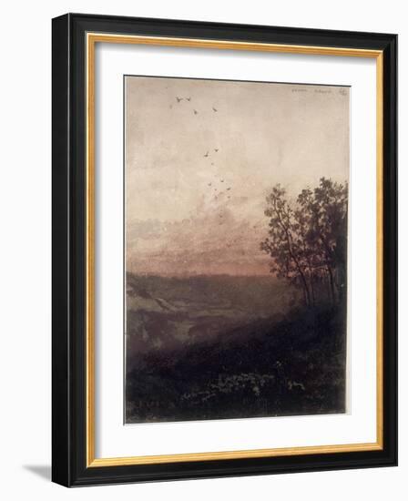 Paysage au soleil couchant, au premier plan, un berger et son troupeau-Odilon Redon-Framed Giclee Print