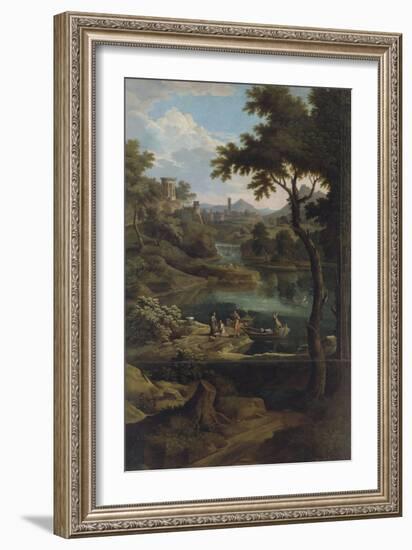 Paysage avec des barques "où parait une hauteur sur laquelle est une tour avec une chute d'eau"-Etienne Allegrain-Framed Giclee Print