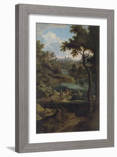 Paysage avec des barques "où parait une hauteur sur laquelle est une tour avec une chute d'eau"-Etienne Allegrain-Framed Giclee Print