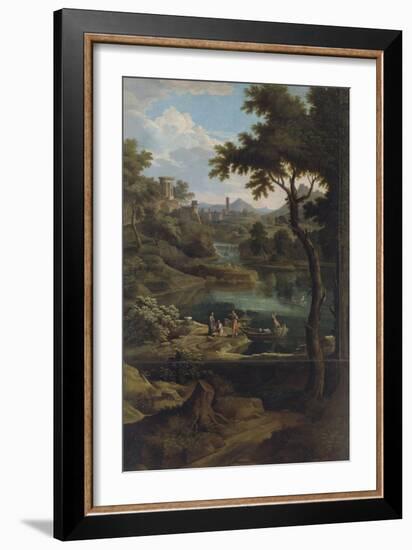 Paysage avec des barques "où parait une hauteur sur laquelle est une tour avec une chute d'eau"-Etienne Allegrain-Framed Giclee Print