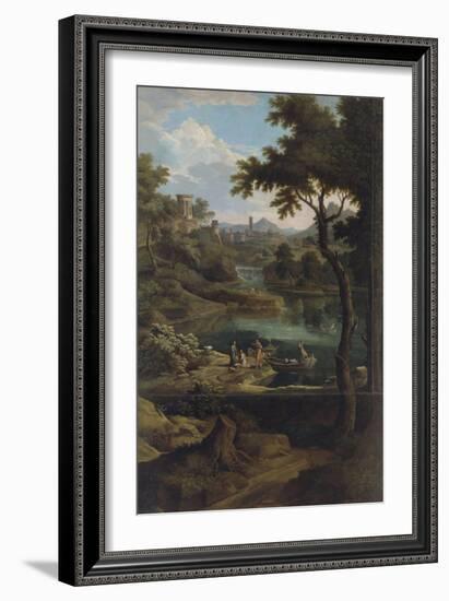 Paysage avec des barques "où parait une hauteur sur laquelle est une tour avec une chute d'eau"-Etienne Allegrain-Framed Giclee Print