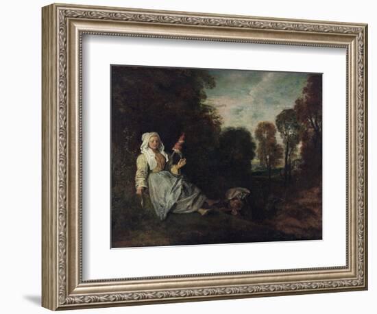 Paysage Du Soir Avec Une Fileuse - Peinture De Jean Antoine Watteau (1684-1721) Evening Landscape W-Jean Antoine Watteau-Framed Giclee Print