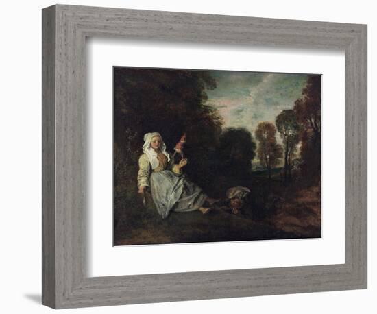 Paysage Du Soir Avec Une Fileuse - Peinture De Jean Antoine Watteau (1684-1721) Evening Landscape W-Jean Antoine Watteau-Framed Giclee Print