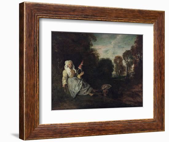 Paysage Du Soir Avec Une Fileuse - Peinture De Jean Antoine Watteau (1684-1721) Evening Landscape W-Jean Antoine Watteau-Framed Giclee Print