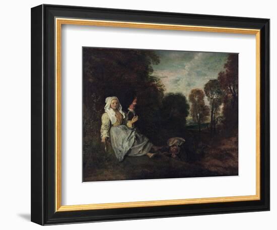 Paysage Du Soir Avec Une Fileuse - Peinture De Jean Antoine Watteau (1684-1721) Evening Landscape W-Jean Antoine Watteau-Framed Giclee Print