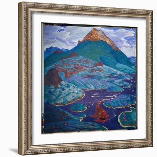 Paysage Fantastique. Un Chudo Yudo (Monstre Aquatique Rouge) Nage Dans Les Meandres D'un Cours D'ea-Nicholas Roerich-Framed Giclee Print