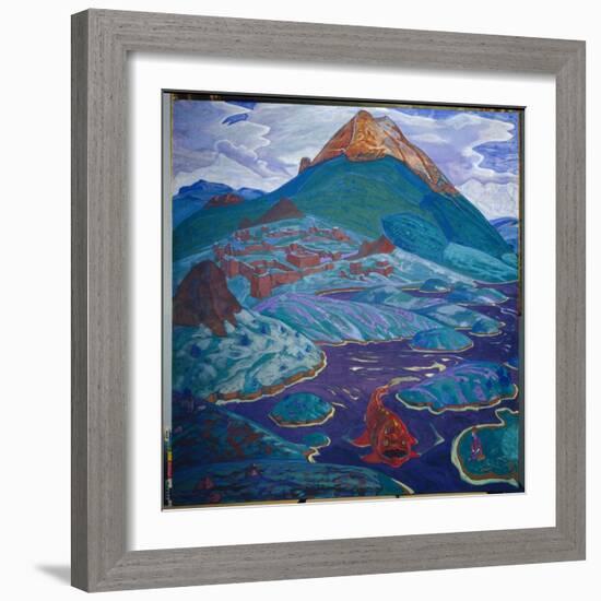 Paysage Fantastique. Un Chudo Yudo (Monstre Aquatique Rouge) Nage Dans Les Meandres D'un Cours D'ea-Nicholas Roerich-Framed Giclee Print