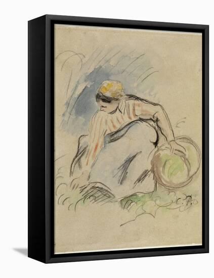 Paysanne accroupie vue de face tenant un panier de la main gauche-Camille Pissarro-Framed Premier Image Canvas