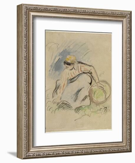 Paysanne accroupie vue de face tenant un panier de la main gauche-Camille Pissarro-Framed Giclee Print