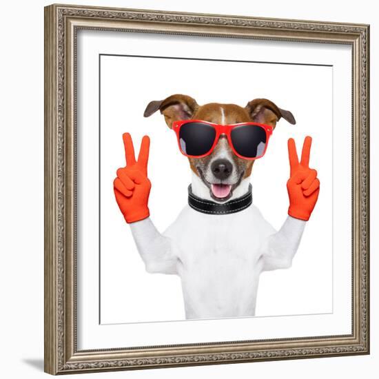 Peace And Victory Fingers Dog-Javier Brosch-Framed Photographic Print
