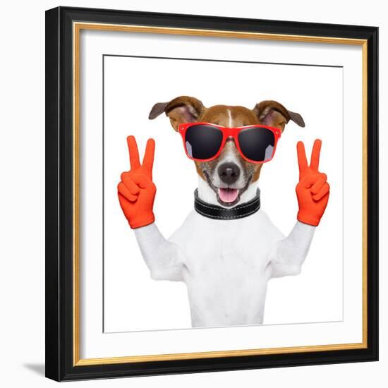 Peace And Victory Fingers Dog-Javier Brosch-Framed Photographic Print