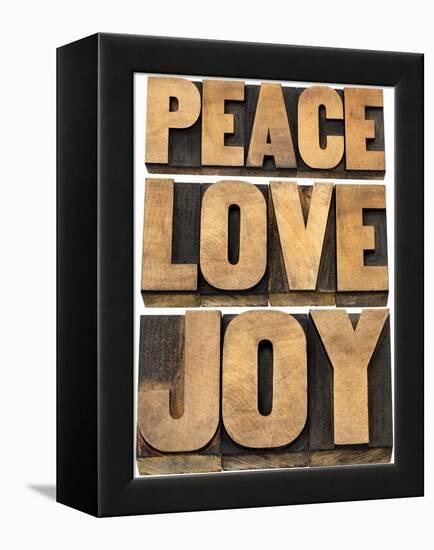 Peace, Love and Joy Word Abstract-PixelsAway-Framed Stretched Canvas