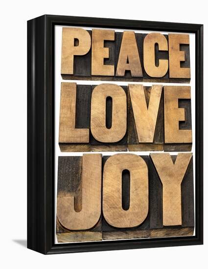 Peace, Love and Joy Word Abstract-PixelsAway-Framed Stretched Canvas