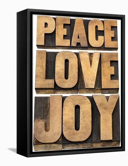 Peace, Love and Joy Word Abstract-PixelsAway-Framed Stretched Canvas