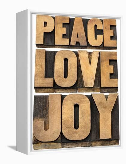 Peace, Love and Joy Word Abstract-PixelsAway-Framed Stretched Canvas