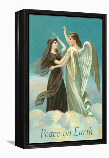 Peace on Earth, Lady with Angel on Clouds-null-Framed Stretched Canvas