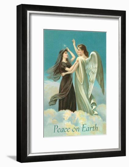 Peace on Earth, Lady with Angel on Clouds-null-Framed Art Print