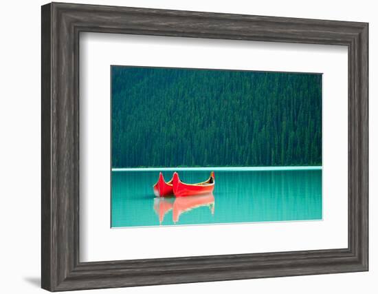 Peaceful Canoes on Lake Louise-null-Framed Premium Giclee Print