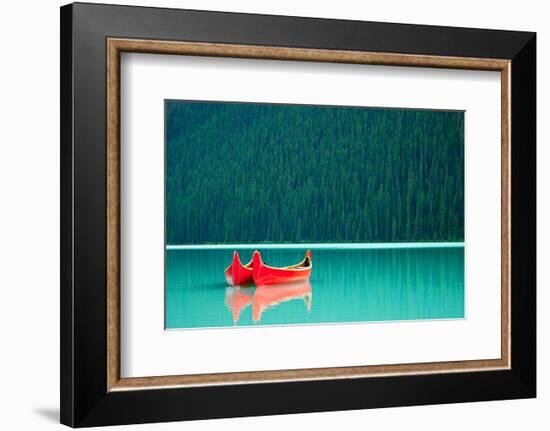 Peaceful Canoes on Lake Louise-null-Framed Premium Giclee Print