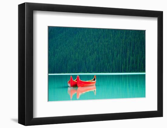 Peaceful Canoes on Lake Louise-null-Framed Premium Giclee Print