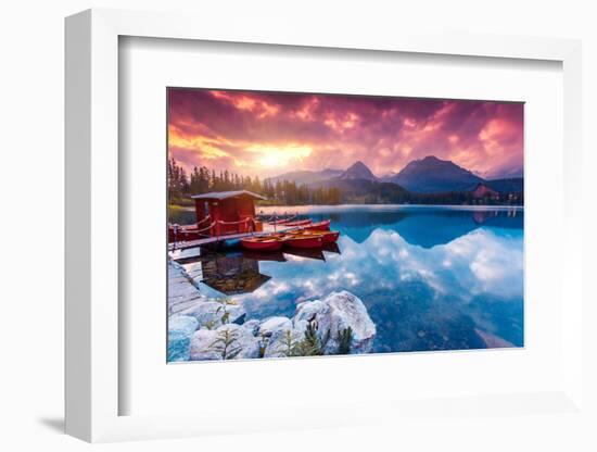 Peaceful Mountain Lake in National Park High Tatra. Dramatic Overcast Sky. Strbske Pleso, Slovakia,-Leonid Tit-Framed Photographic Print