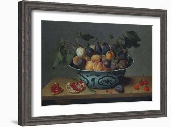 Peaches and Plums in a Blue and White Chinese Bowl, with Other Fruit on a Table-Joseph Bail-Framed Giclee Print