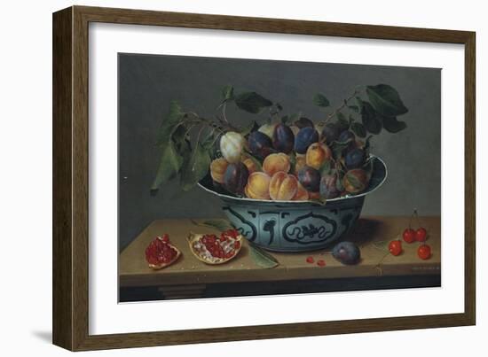 Peaches and Plums in a Blue and White Chinese Bowl, with Other Fruit on a Table-Joseph Bail-Framed Giclee Print