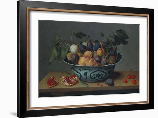 Peaches and Plums in a Blue and White Chinese Bowl, with Other Fruit on a Table-Joseph Bail-Framed Giclee Print