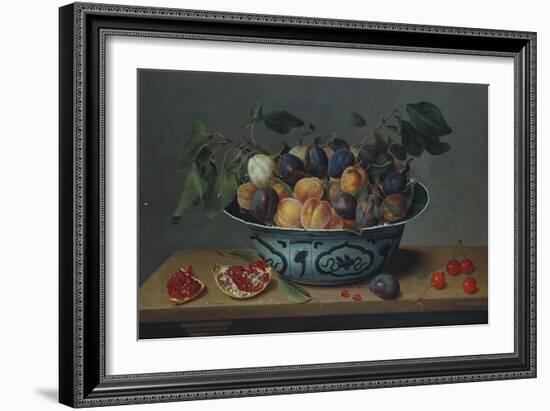 Peaches and Plums in a Blue and White Chinese Bowl, with Other Fruit on a Table-Joseph Bail-Framed Giclee Print