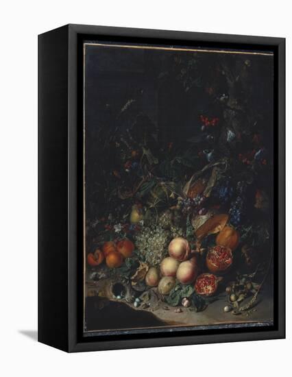 Peaches, Grapes, Pomegranates, Melons, a Corncob, Apricots, Plums, Pears, Acorns, 1718-Rachel Ruysch-Framed Premier Image Canvas