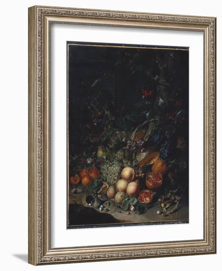 Peaches, Grapes, Pomegranates, Melons, a Corncob, Apricots, Plums, Pears, Acorns, 1718-Rachel Ruysch-Framed Giclee Print