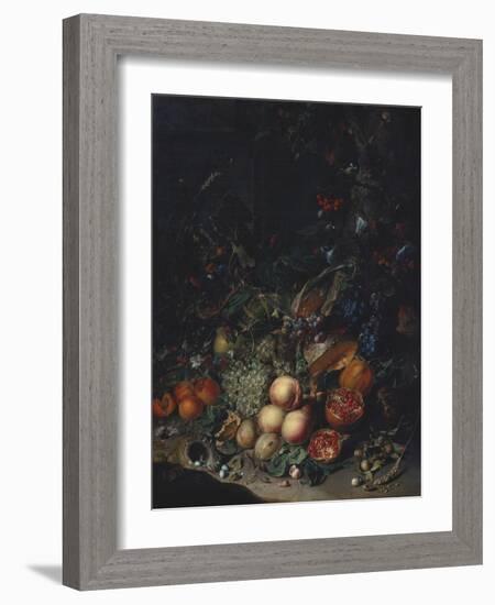 Peaches, Grapes, Pomegranates, Melons, a Corncob, Apricots, Plums, Pears, Acorns-Rachel Ruysch-Framed Giclee Print