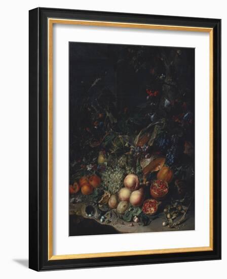 Peaches, Grapes, Pomegranates, Melons, a Corncob, Apricots, Plums, Pears, Acorns-Rachel Ruysch-Framed Giclee Print