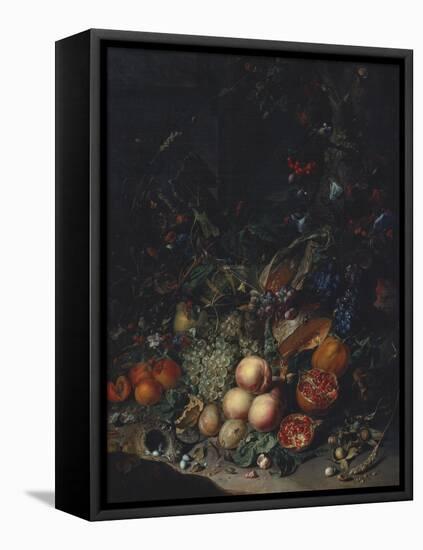 Peaches, Grapes, Pomegranates, Melons, a Corncob, Apricots, Plums, Pears, Acorns-Rachel Ruysch-Framed Premier Image Canvas