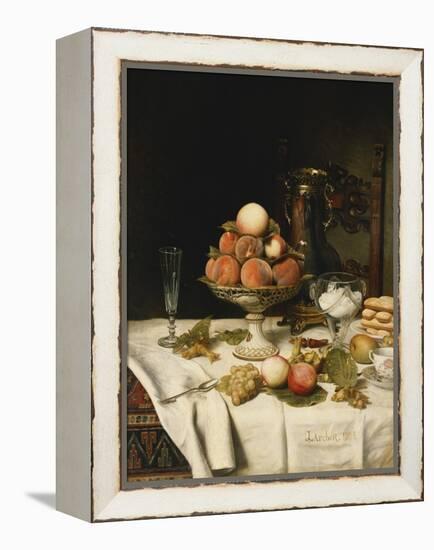 Peaches in a Dresden Tazza, Grapes, Apples, Hazelnuts and Biscuits on a Draped Table-Jules Larcher-Framed Premier Image Canvas