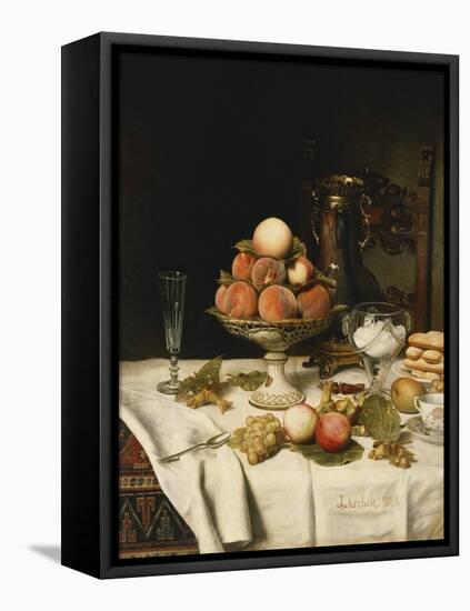 Peaches in a Dresden Tazza, Grapes, Apples, Hazelnuts and Biscuits on a Draped Table-Jules Larcher-Framed Premier Image Canvas