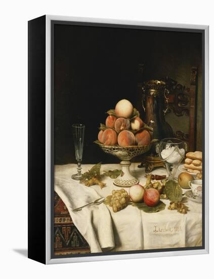 Peaches in a Dresden Tazza, Grapes, Apples, Hazelnuts and Biscuits on a Draped Table-Jules Larcher-Framed Premier Image Canvas