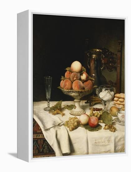 Peaches in a Dresden Tazza, Grapes, Apples, Hazelnuts and Biscuits on a Draped Table-Jules Larcher-Framed Premier Image Canvas