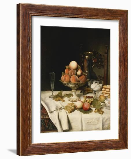 Peaches in a Dresden Tazza, Grapes, Apples, Hazelnuts and Biscuits on a Draped Table-Jules Larcher-Framed Giclee Print