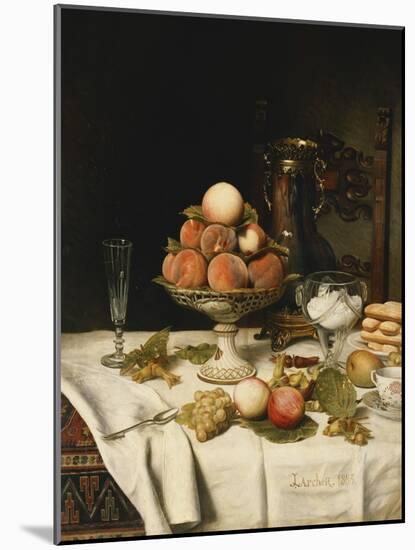 Peaches in a Dresden Tazza, Grapes, Apples, Hazelnuts and Biscuits on a Draped Table-Jules Larcher-Mounted Giclee Print