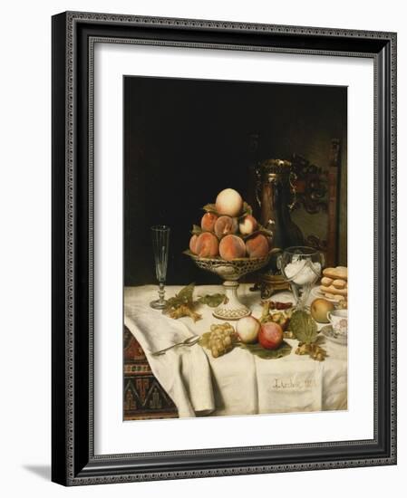 Peaches in a Dresden Tazza, Grapes, Apples, Hazelnuts and Biscuits on a Draped Table-Jules Larcher-Framed Giclee Print