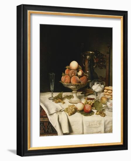 Peaches in a Dresden Tazza, Grapes, Apples, Hazelnuts and Biscuits on a Draped Table-Jules Larcher-Framed Giclee Print