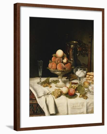 Peaches in a Dresden Tazza, Grapes, Apples, Hazelnuts and Biscuits on a Draped Table-Jules Larcher-Framed Giclee Print